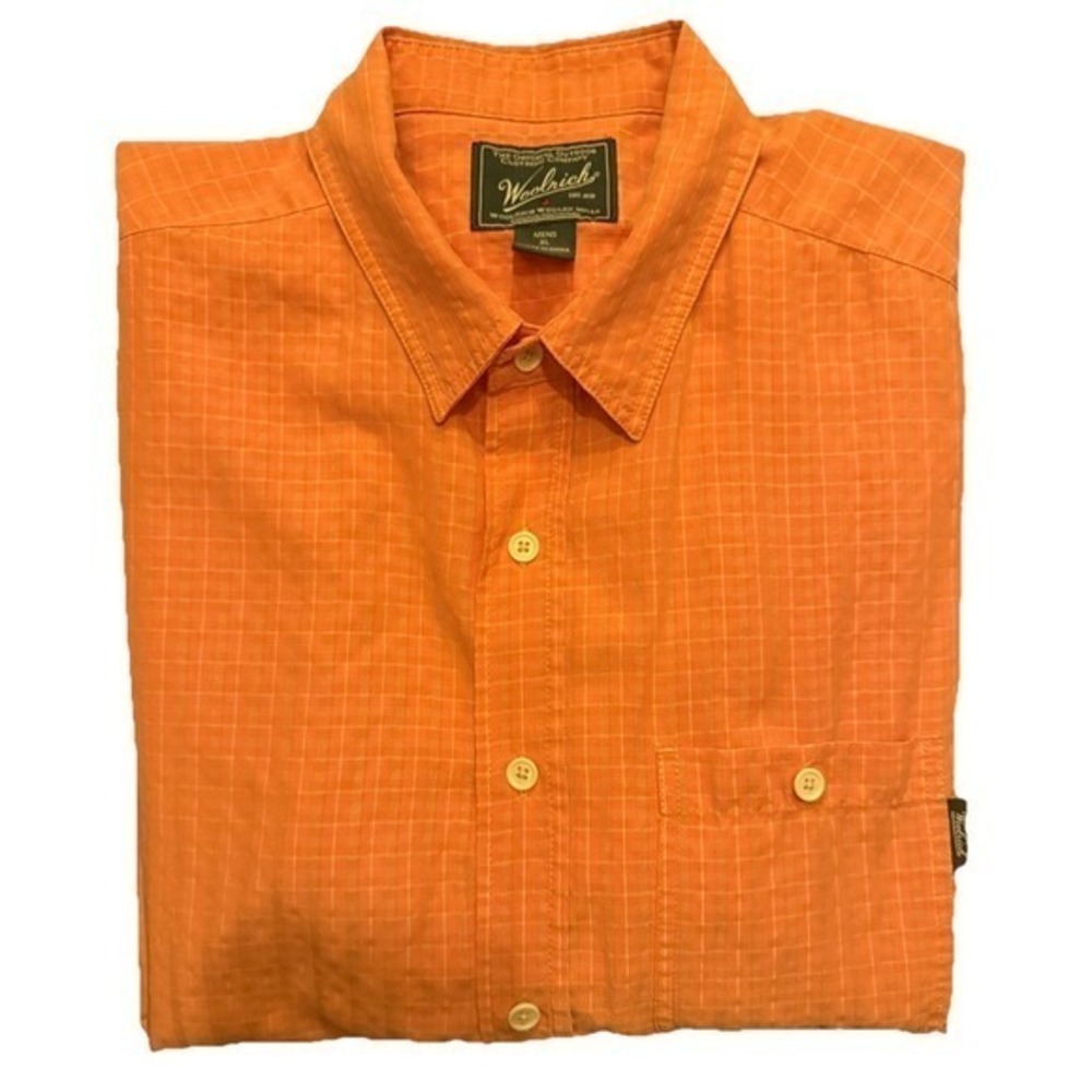 Woolrich Mens XL‎ Orange Check Short Sleeve Button Down Shirt Outdoor Hiking XL